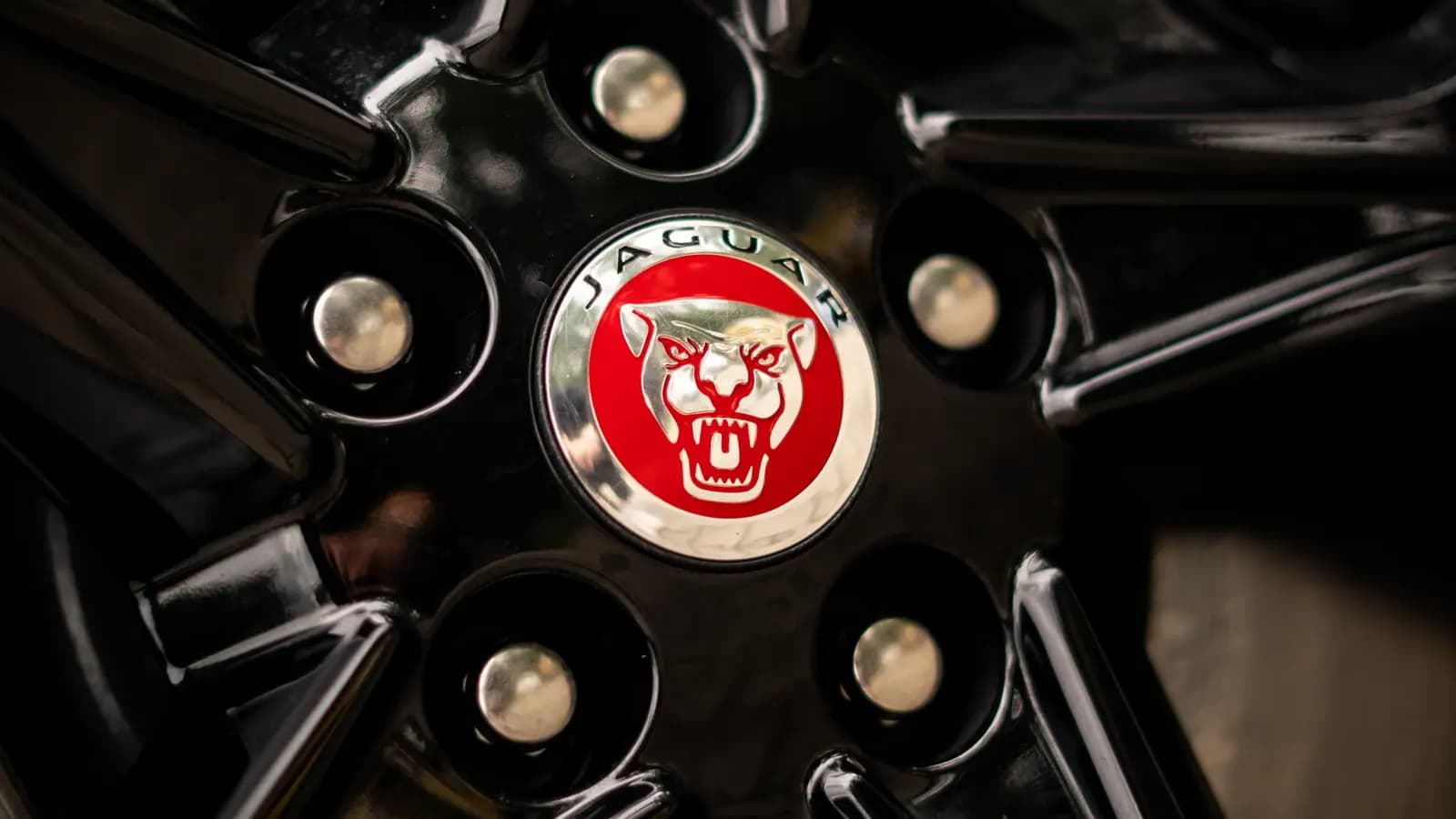 Close-up of the wheel centre cap with a Jaguar logo on a black rim.