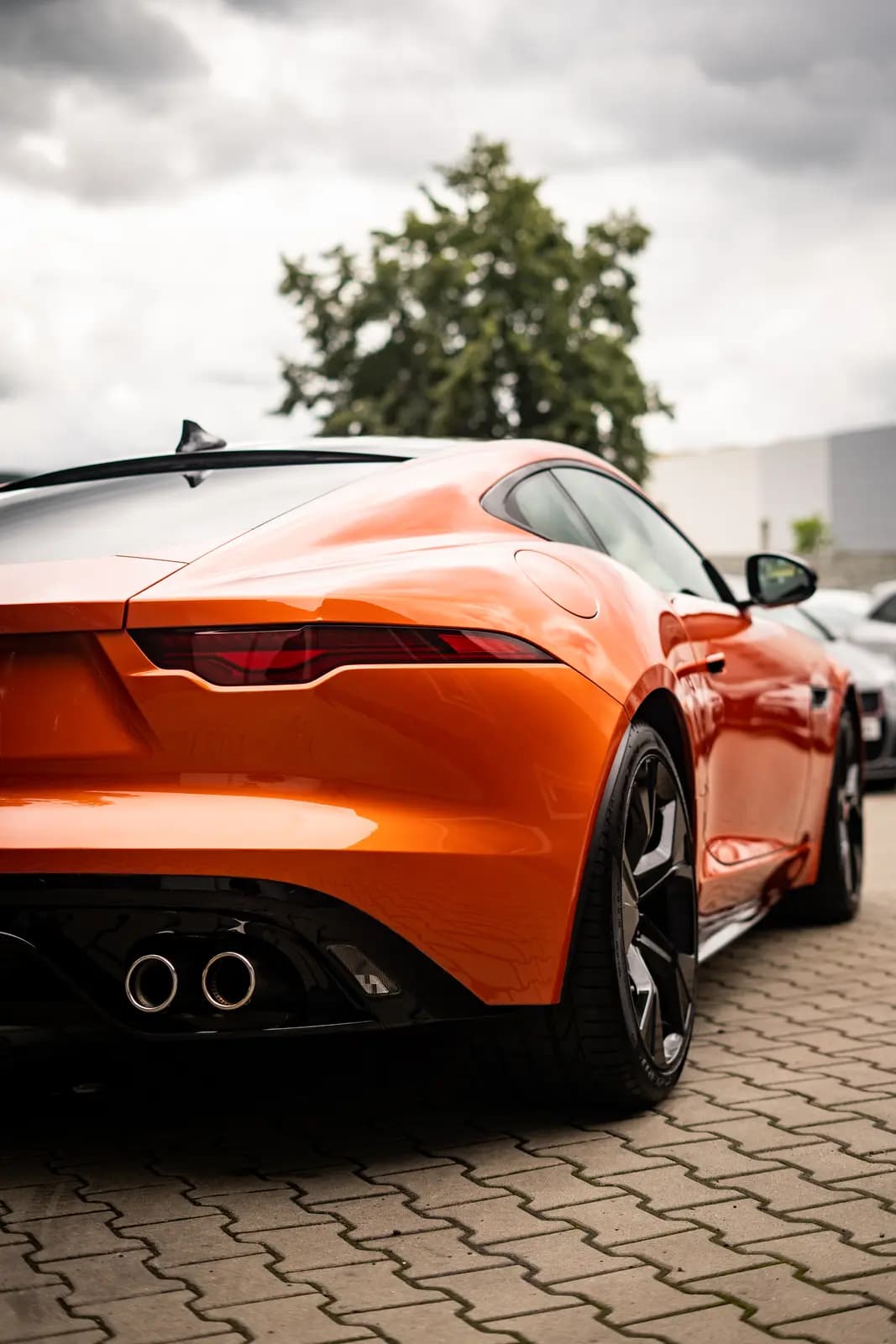 Rear of an orange sports car with twin round exhausts, parked on paving, a car, a tree and an overcast sky blurred behind.