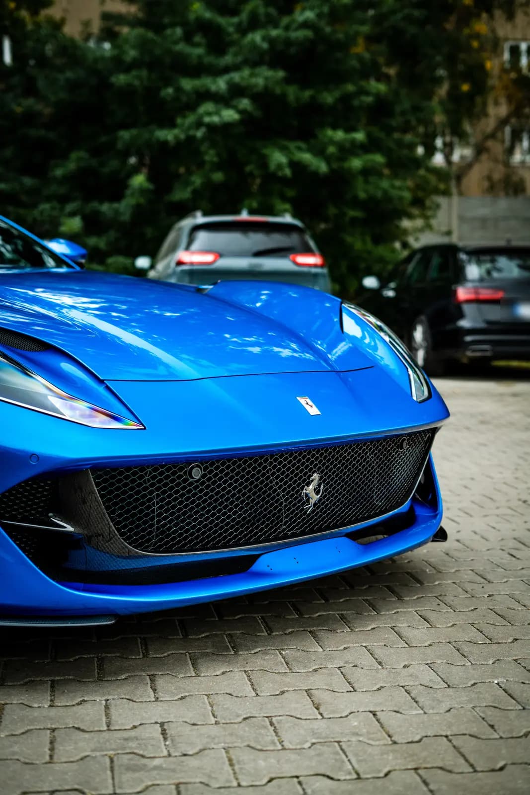 Modré Ferrari se znakem koně na masce zaparkované venku na dlažbě mezi stromy, v pozadí šedé a černé auto.