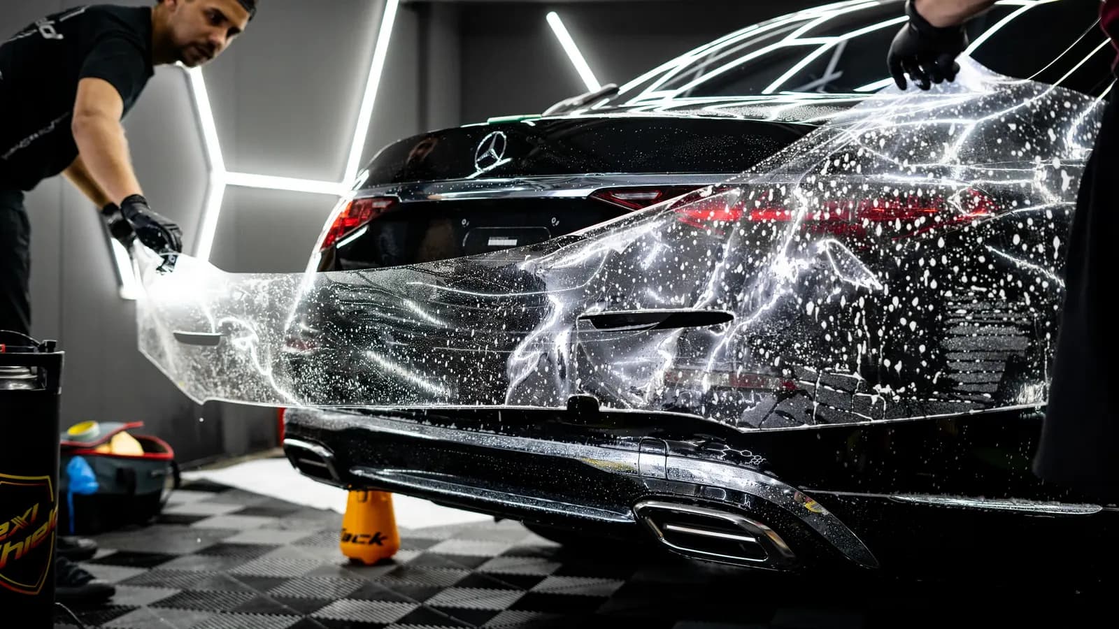 Dva technici lepí fólii na zadní část černého Mercedesu-Benz ve studiu.