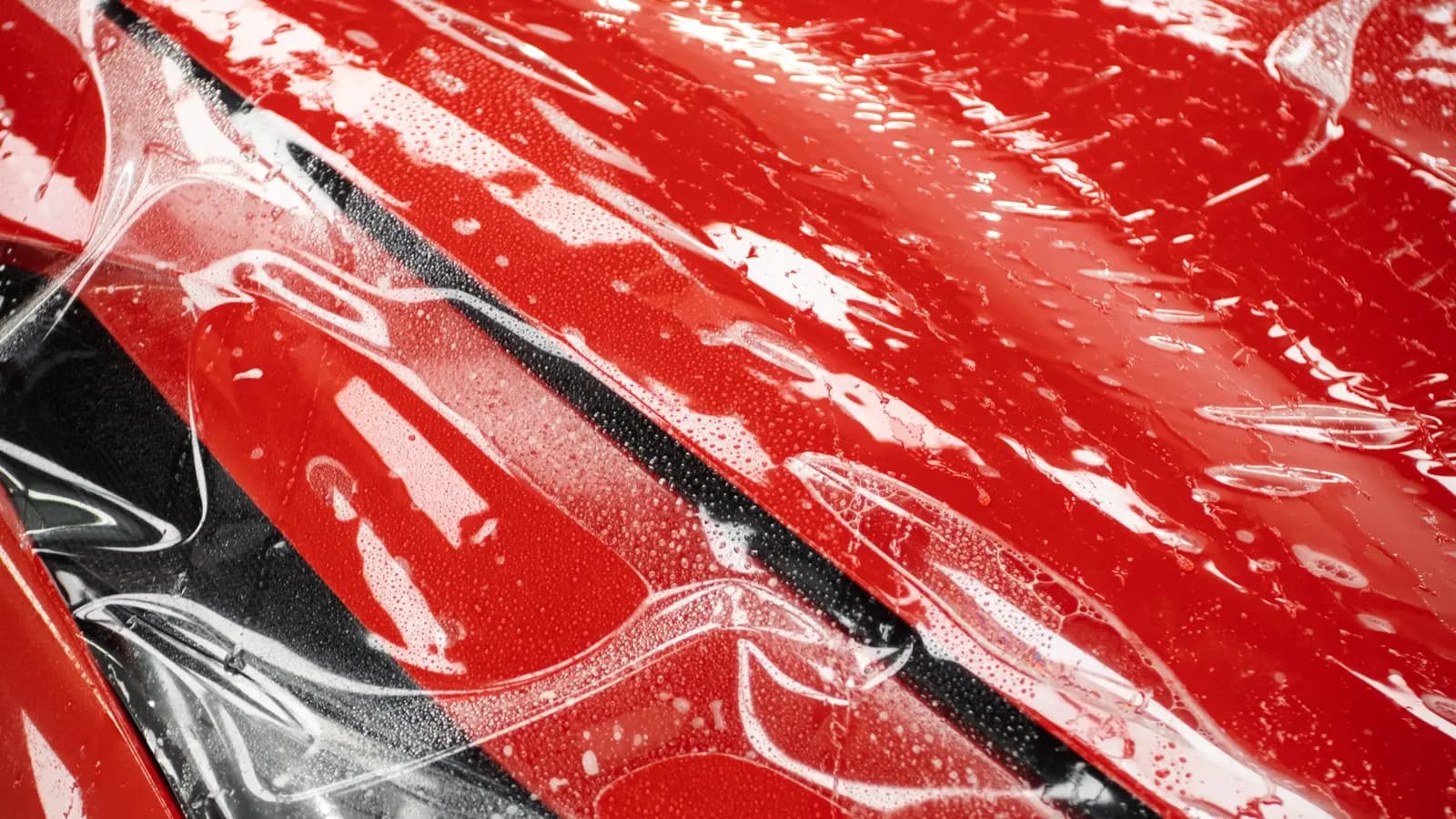 Wet clear PPF film being laid on a red bonnet with a black stripe.